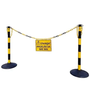 Zestaw - słupki PCV z łańcuchem i tablicą ostrzegawczą - wersja żółto-czarna