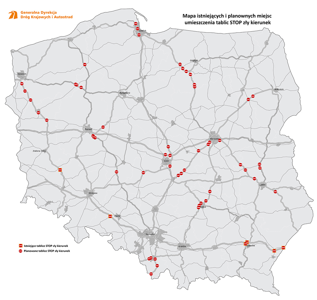 Mapa Polski z lokalizacjami ustawienia tablic STOP zły kierunek